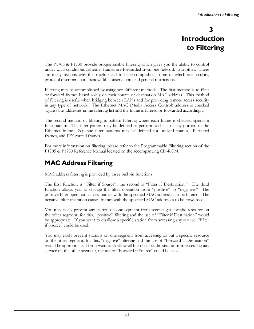 Perle Systems 1700 manual Introduction to Filtering, MAC Address Filtering 