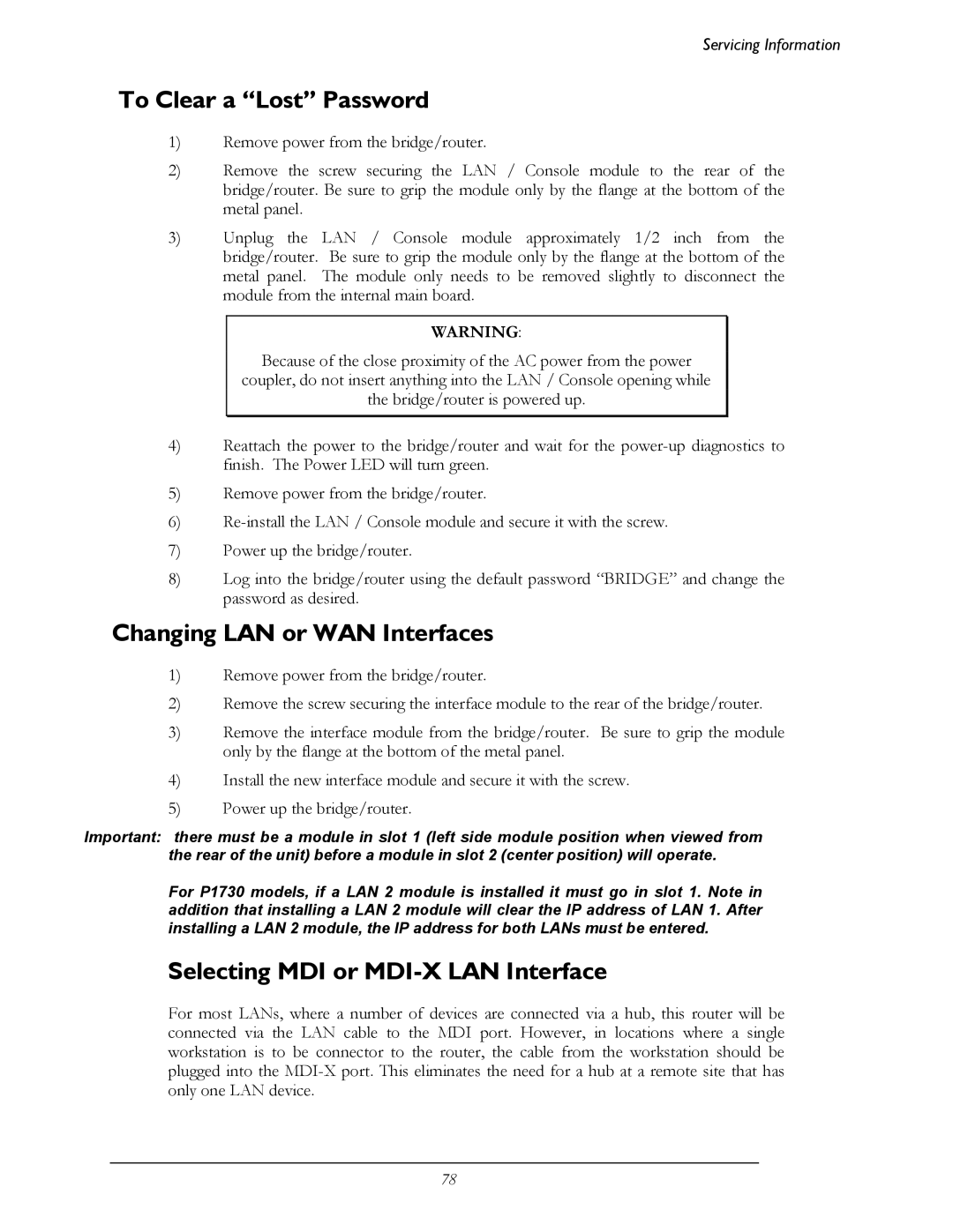 Perle Systems 1700 manual To Clear a Lost Password, Changing LAN or WAN Interfaces, Selecting MDI or MDI-X LAN Interface 