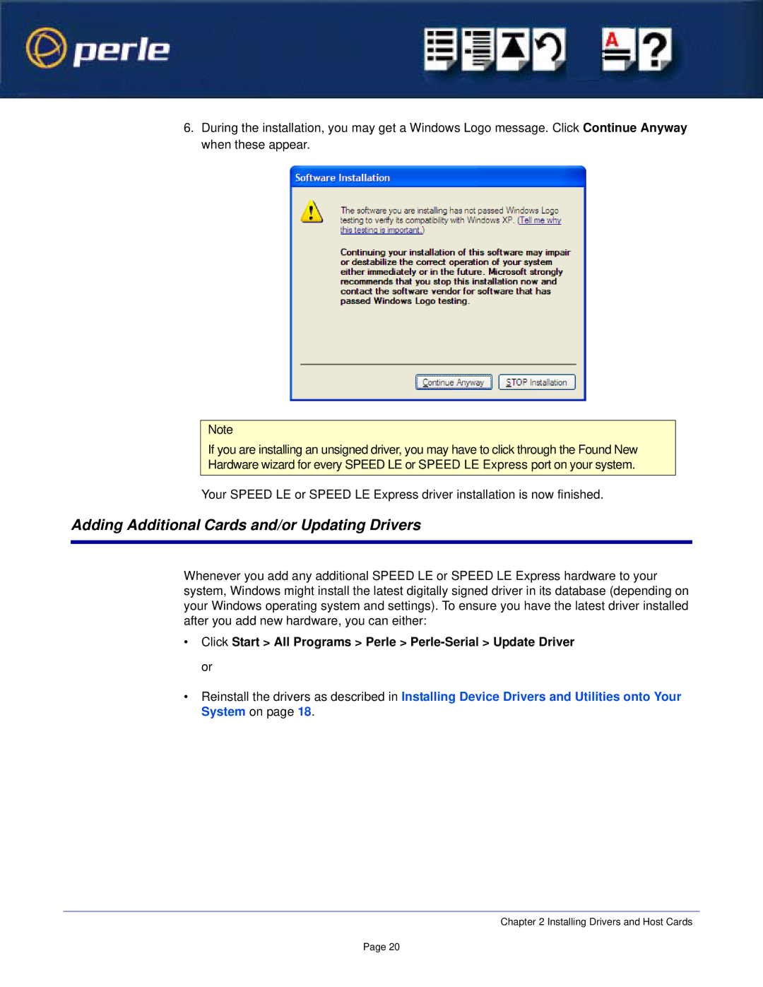 Perle Systems 1S1P manual Adding Additional Cards and/or Updating Drivers 