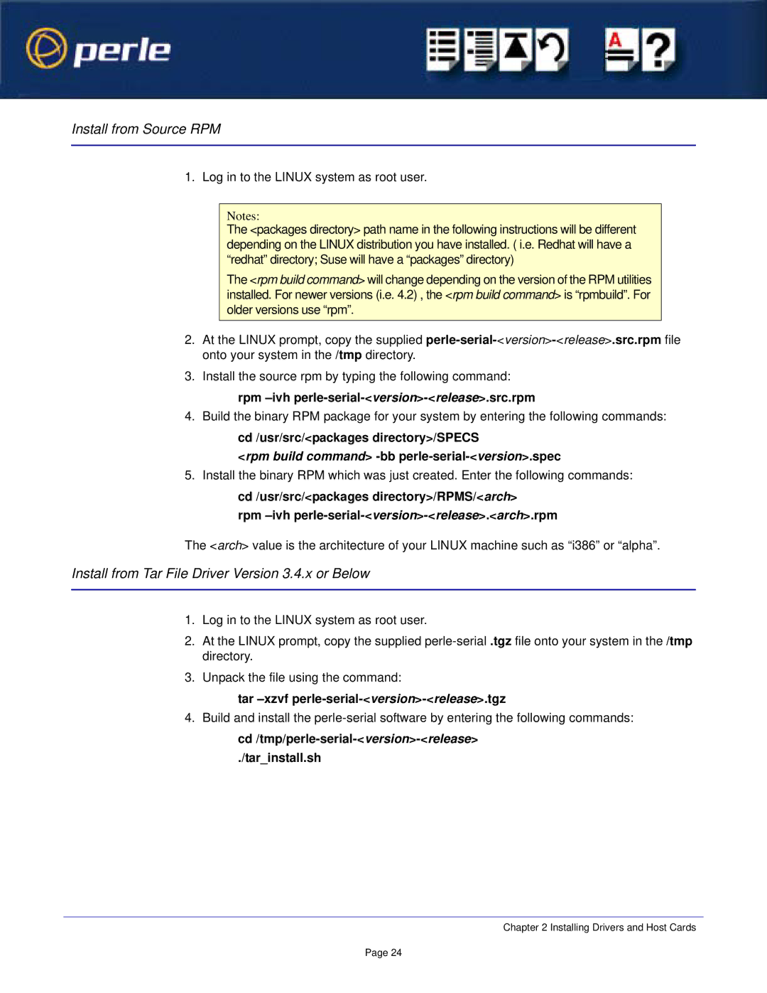 Perle Systems 1S1P manual Rpm -ivh perle-serial-version-release.src.rpm, Tar -xzvf perle-serial-version-release.tgz 