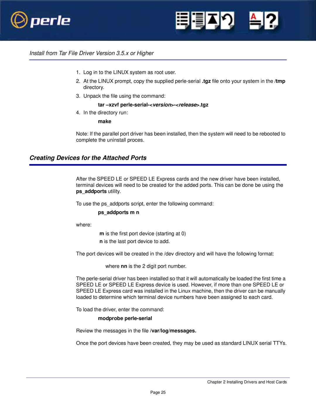 Perle Systems 1S1P manual Creating Devices for the Attached Ports, Psaddports m n, Modprobe perle-serial 