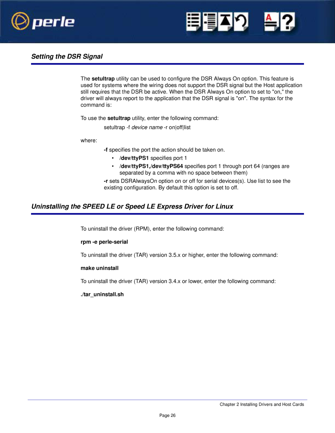 Perle Systems 1S1P manual Setting the DSR Signal, Rpm -e perle-serial, Make uninstall, Taruninstall.sh 