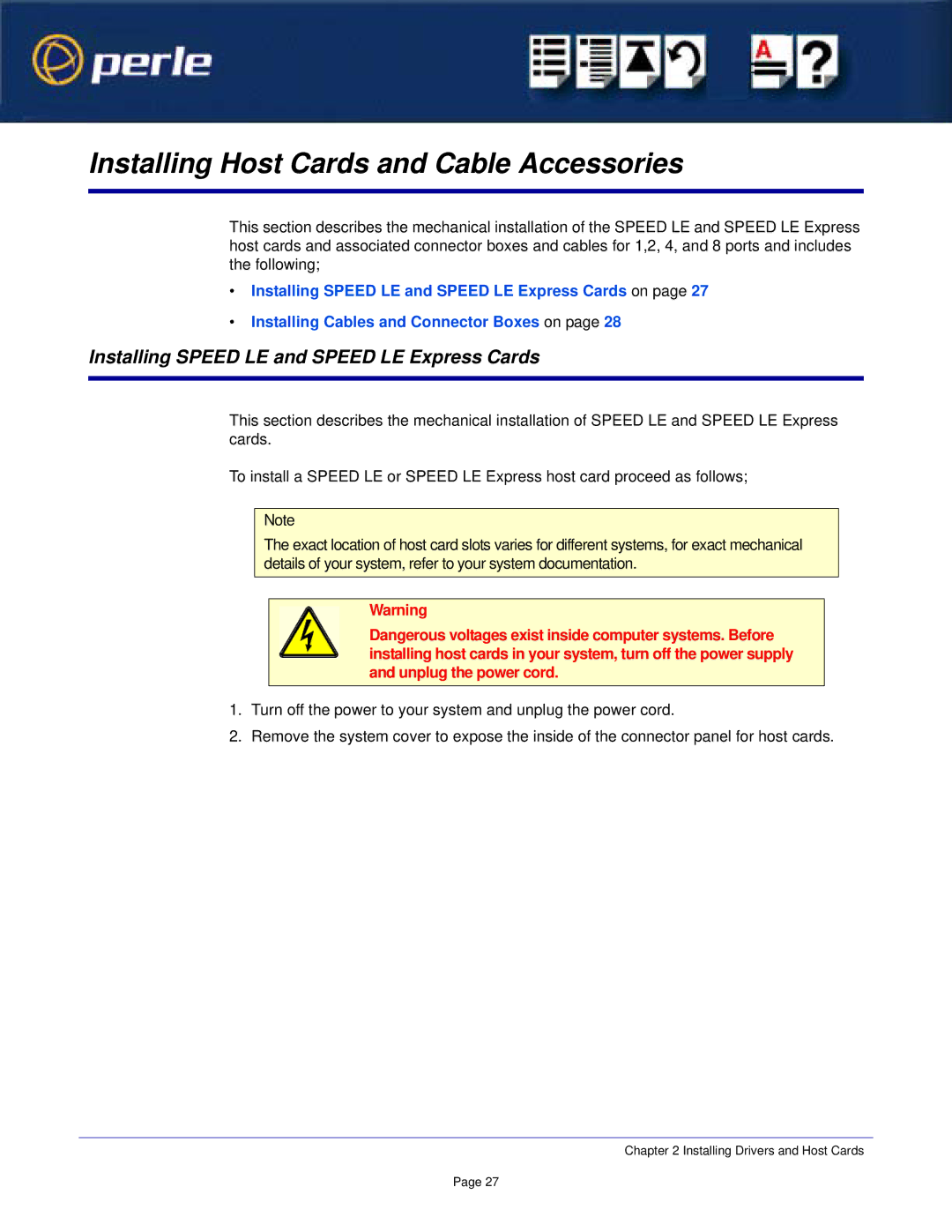 Perle Systems 1S1P manual Installing Host Cards and Cable Accessories, Installing Speed LE and Speed LE Express Cards 