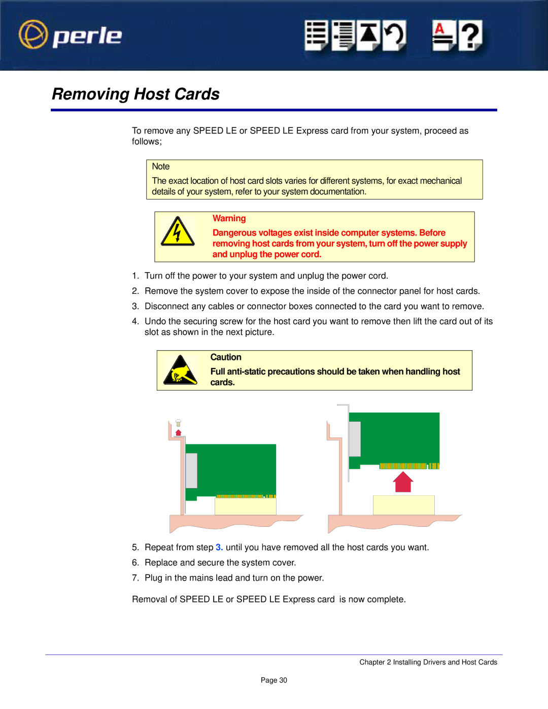 Perle Systems 1S1P manual Removing Host Cards 