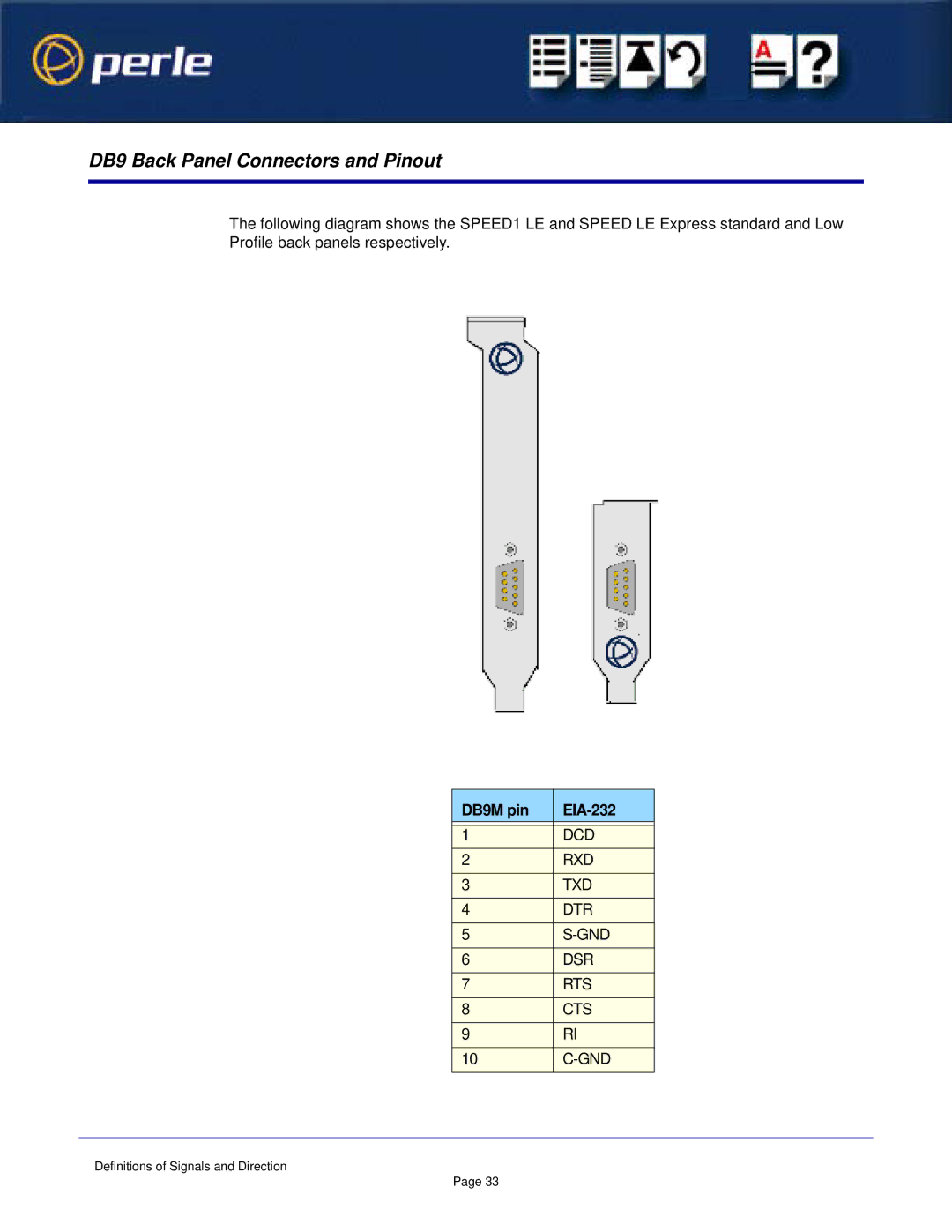 Perle Systems 1S1P manual DB9 Back Panel Connectors and Pinout, DB9M pin EIA-232 