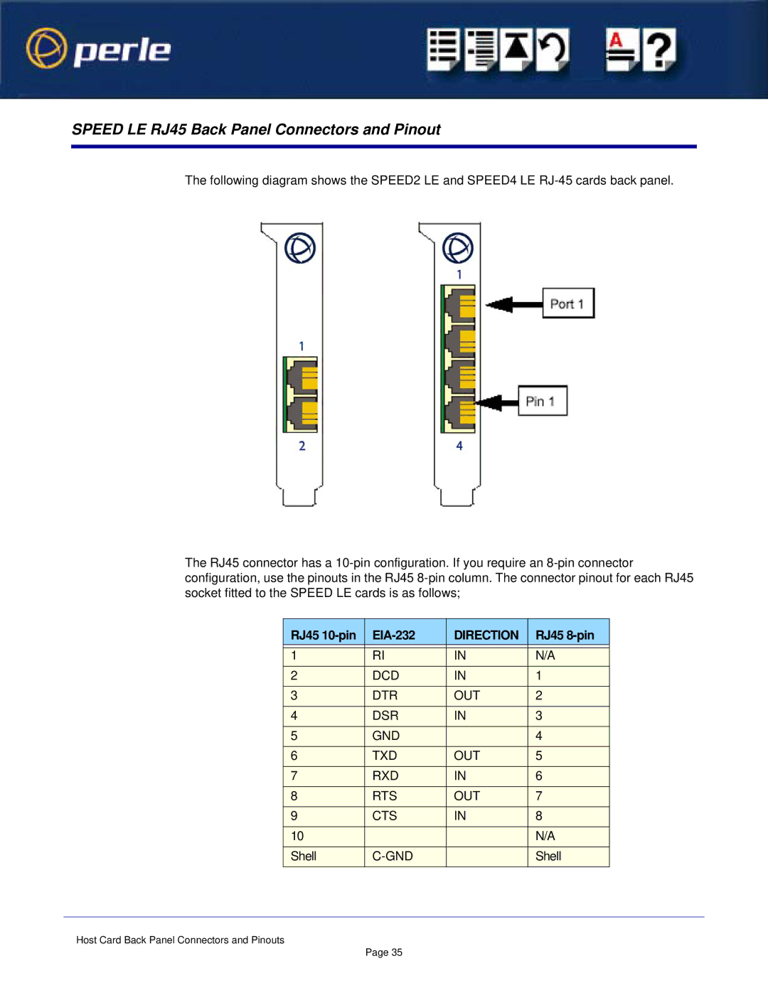 Perle Systems 1S1P manual Speed LE RJ45 Back Panel Connectors and Pinout, RJ45 10-pin EIA-232, RJ45 8-pin 