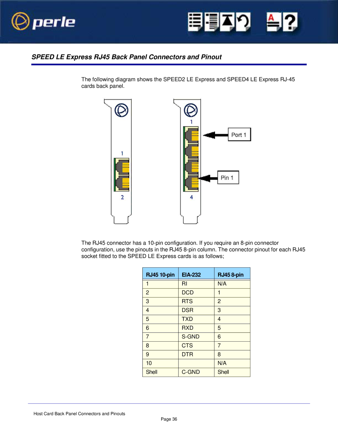 Perle Systems 1S1P manual Speed LE Express RJ45 Back Panel Connectors and Pinout, RJ45 10-pin EIA-232 RJ45 8-pin 