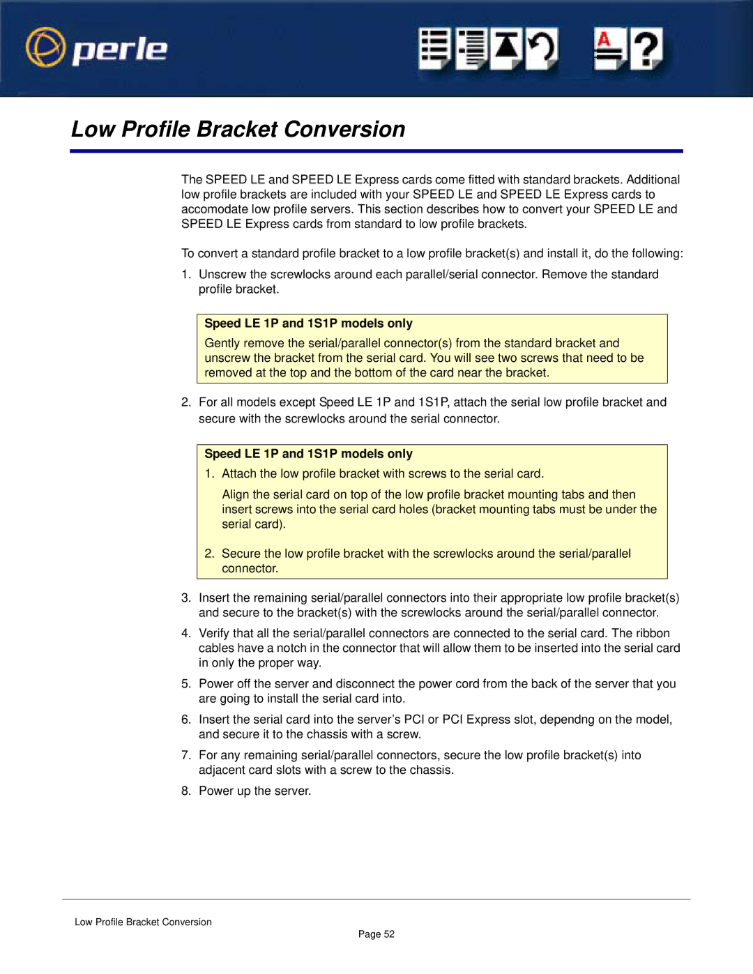 Perle Systems manual Low Profile Bracket Conversion, Speed LE 1P and 1S1P models only 