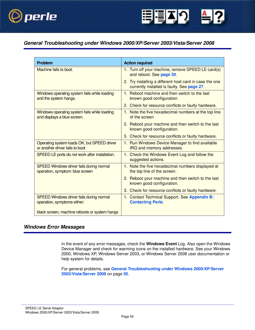 Perle Systems 1S1P manual Windows Error Messages, Problem Action required 