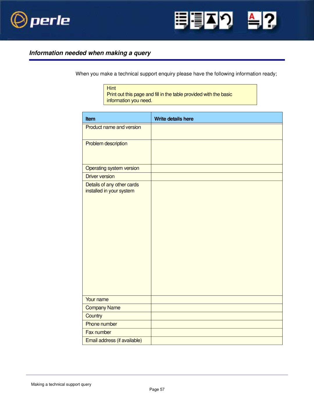 Perle Systems 1S1P manual Information needed when making a query, Write details here 