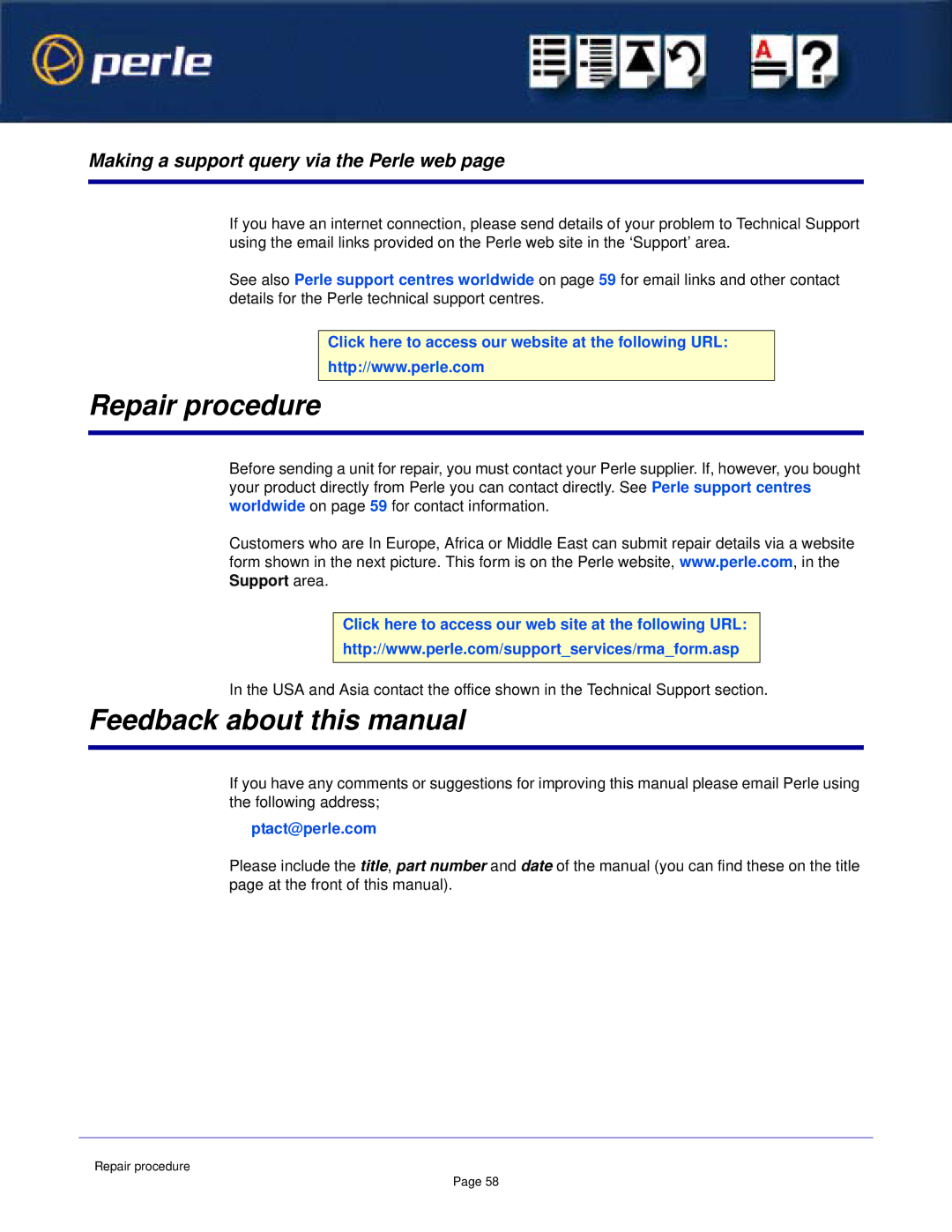 Perle Systems 1S1P Repair procedure, Feedback about this manual, Making a support query via the Perle web 