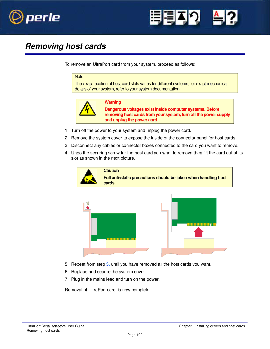 Perle Systems 5500152-23 manual Removing host cards 