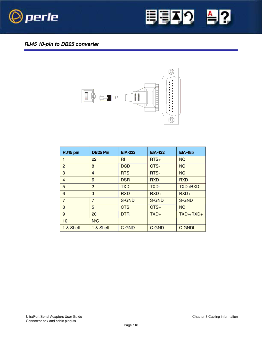 Perle Systems 5500152-23 manual RJ45 10-pin to DB25 converter, RJ45 pin DB25 Pin EIA-232 EIA-422 EIA-485 