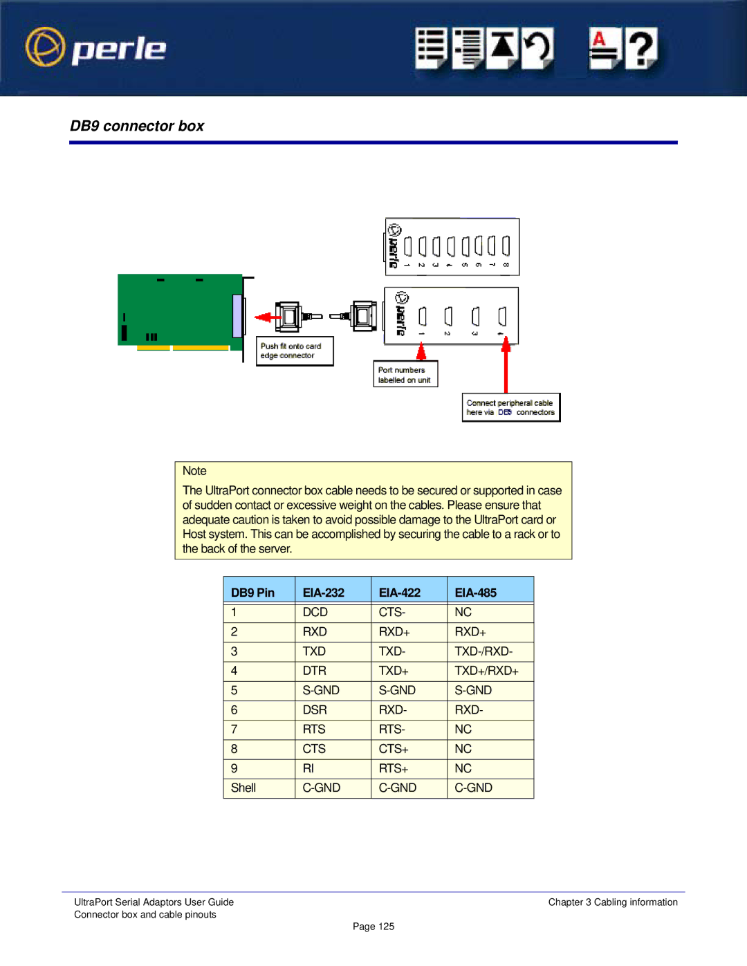 Perle Systems 5500152-23 manual DB9 connector box, DB9 Pin EIA-232 EIA-422 EIA-485 