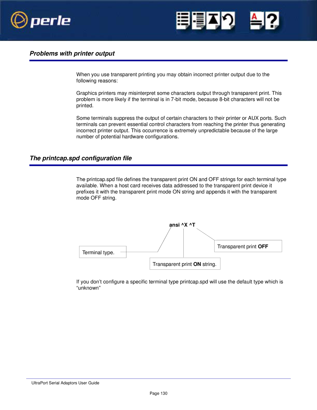 Perle Systems 5500152-23 manual Problems with printer output, Printcap.spd configuration file, Ansi X T 