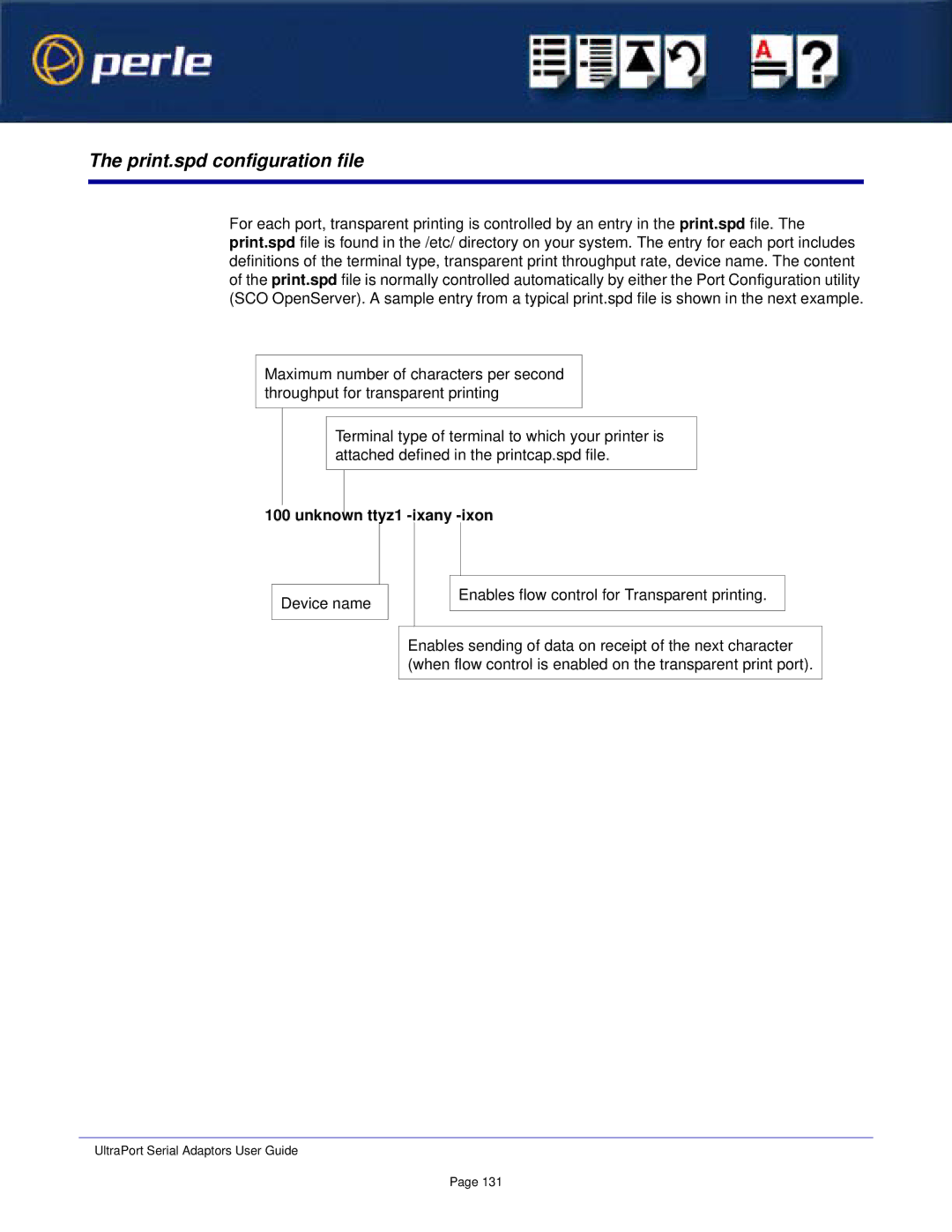 Perle Systems 5500152-23 manual Print.spd configuration file, Unknown ttyz1 -ixany -ixon 