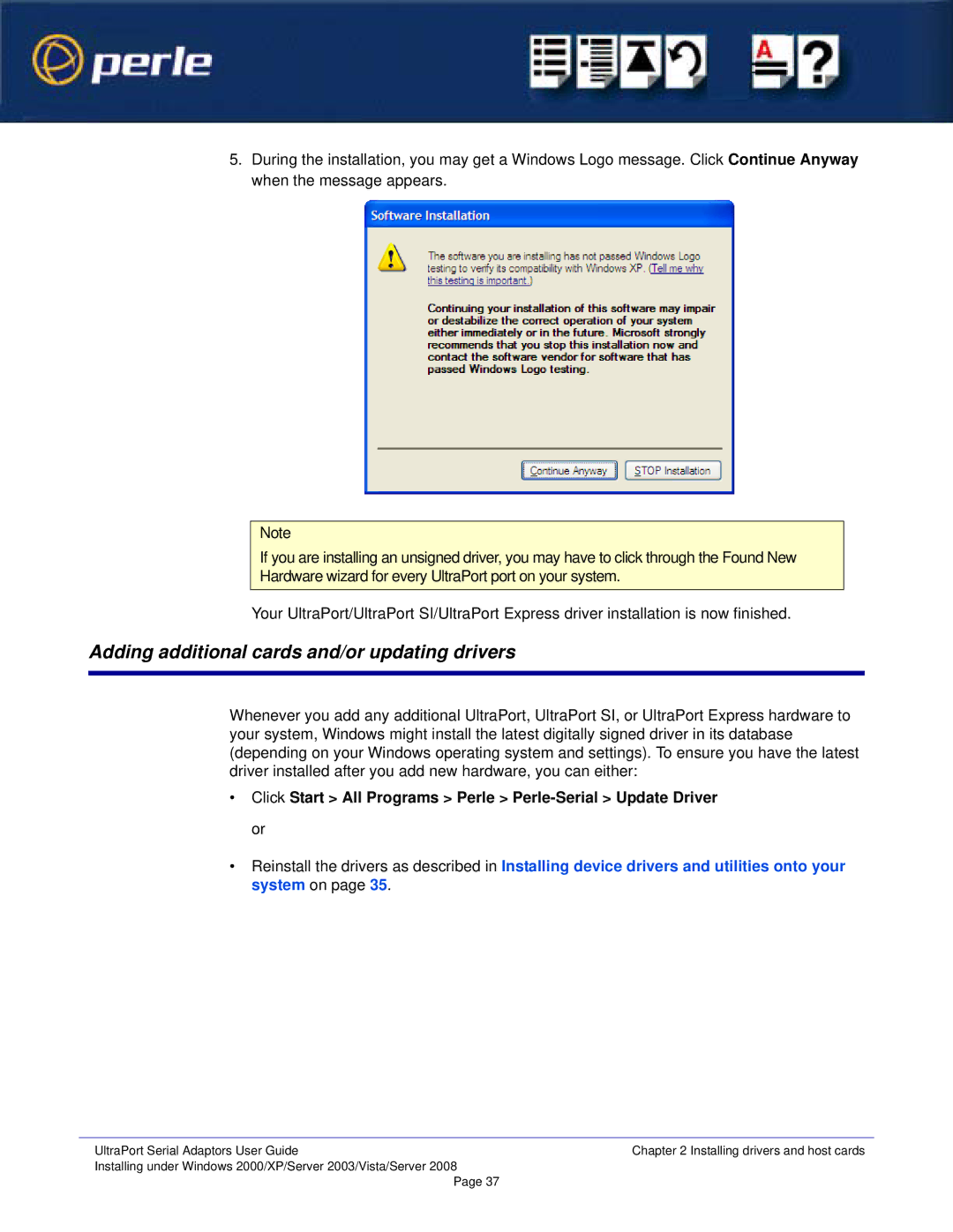 Perle Systems 5500152-23 manual Adding additional cards and/or updating drivers 