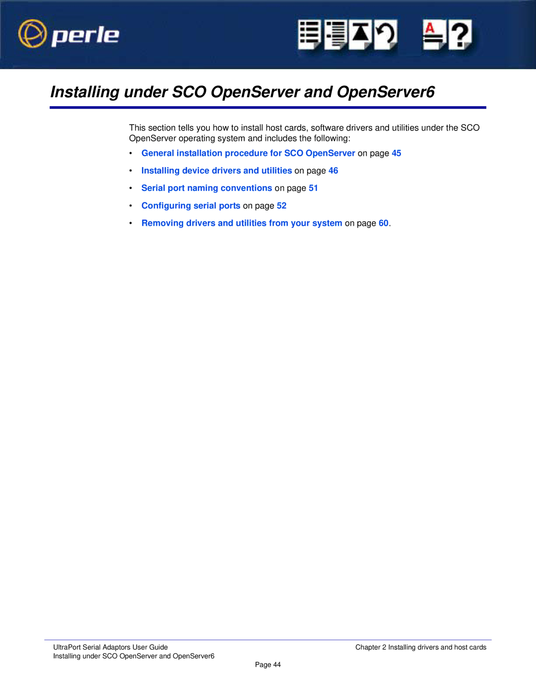 Perle Systems 5500152-23 manual Installing under SCO OpenServer and OpenServer6 