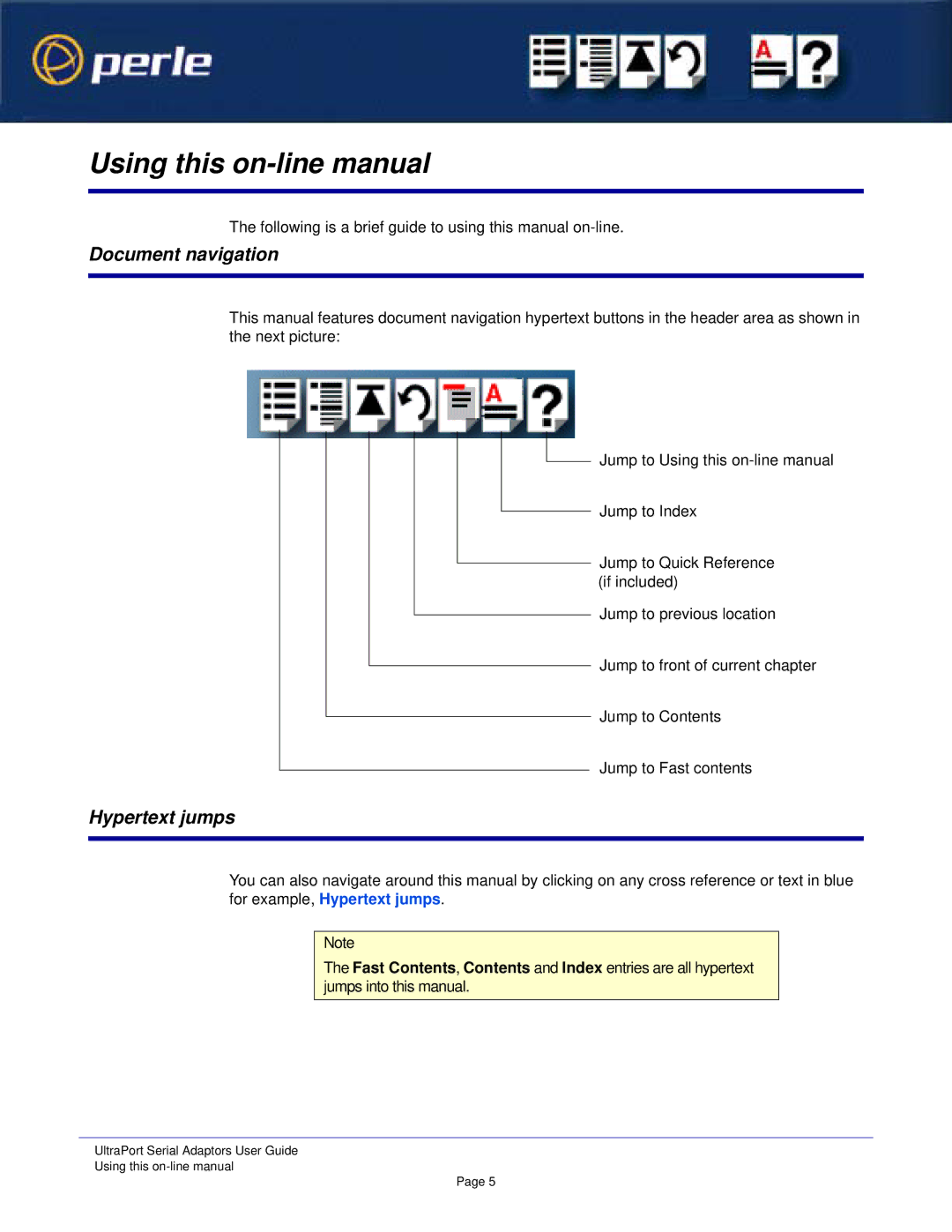 Perle Systems 5500152-23 Using this on-line manual, Document navigation, Hypertext jumps 