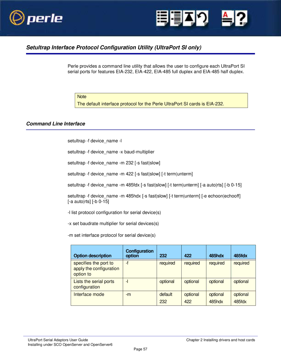 Perle Systems 5500152-23 manual Command Line Interface, Option description Configuration 232 422 485hdx 485fdx 