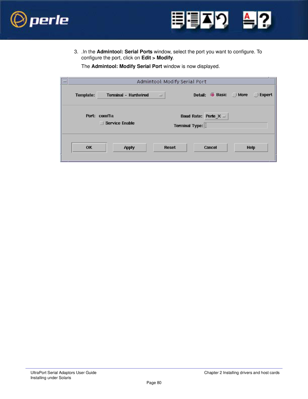 Perle Systems 5500152-23 manual Admintool Modify Serial Port window is now displayed 