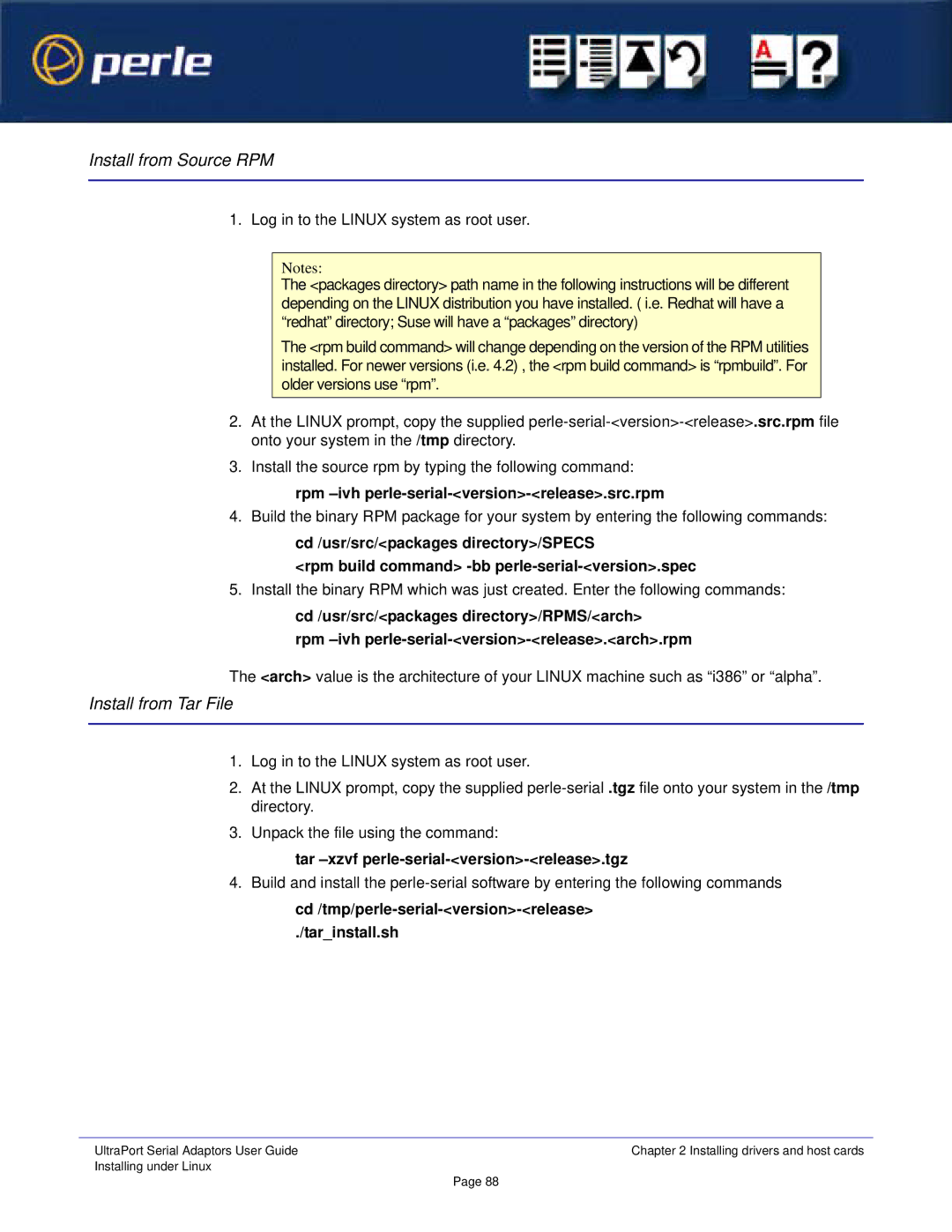 Perle Systems 5500152-23 manual Rpm -ivh perle-serial-version-release.src.rpm, Tar -xzvf perle-serial-version-release.tgz 