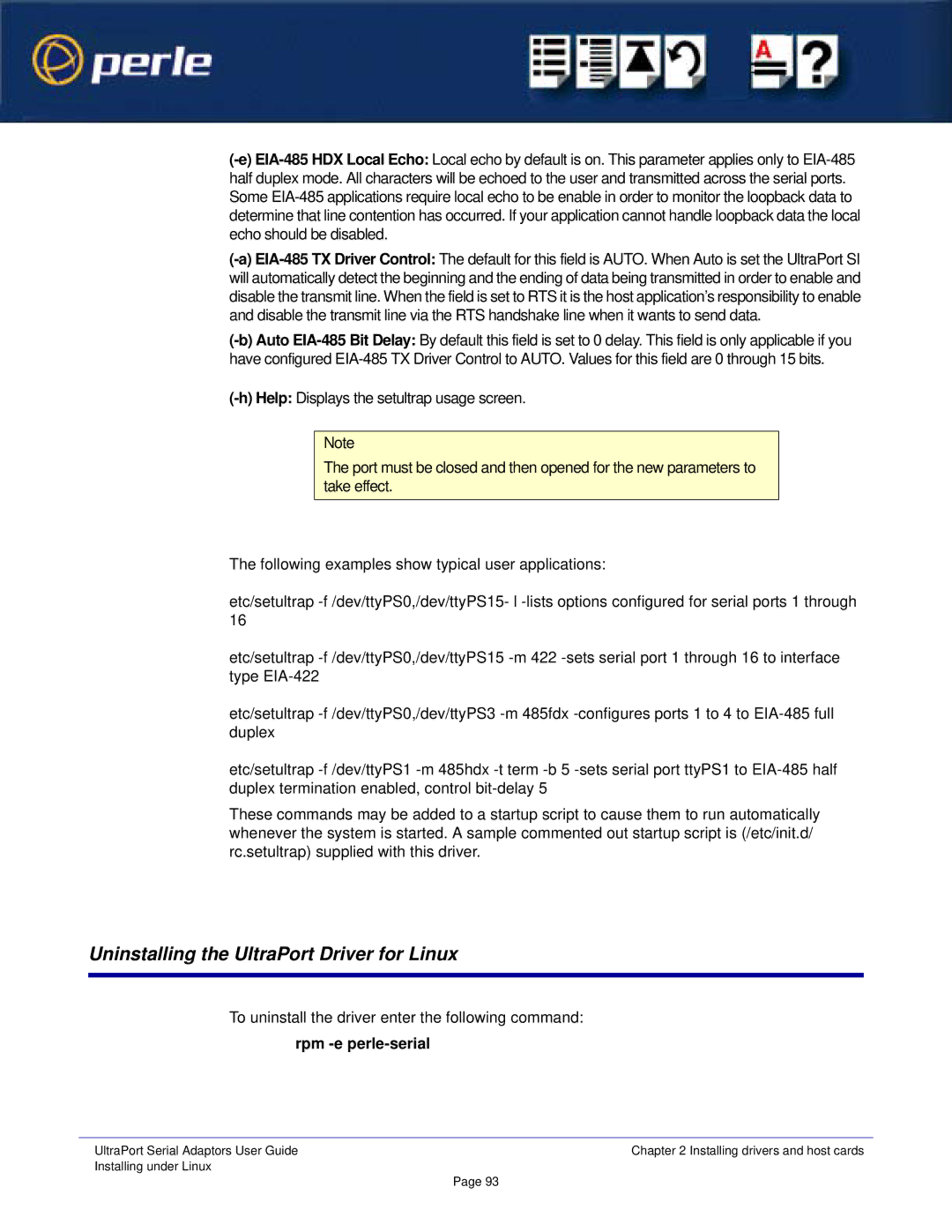 Perle Systems 5500152-23 manual Uninstalling the UltraPort Driver for Linux, Rpm -e perle-serial 