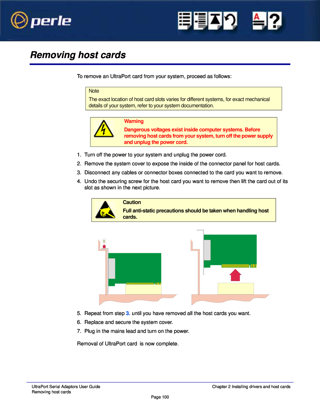 Perle Systems 5500152-23 manual Removing host cards, Full anti-static precautions should be taken when handling host cards 