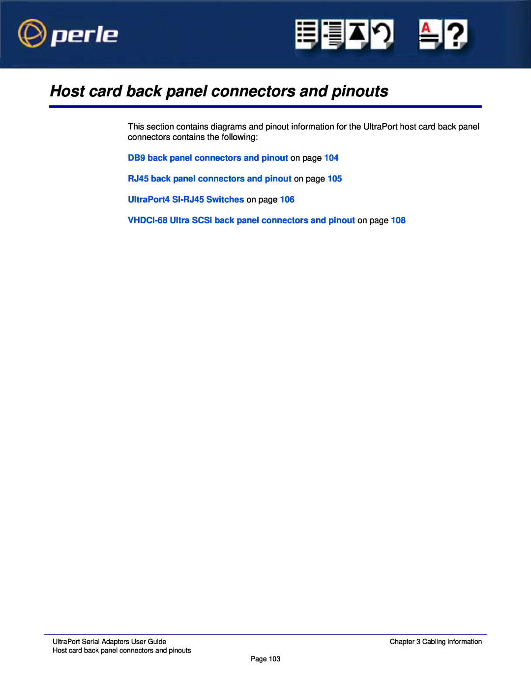Perle Systems 5500152-23 Host card back panel connectors and pinouts, DB9 back panel connectors and pinout on page, Page 