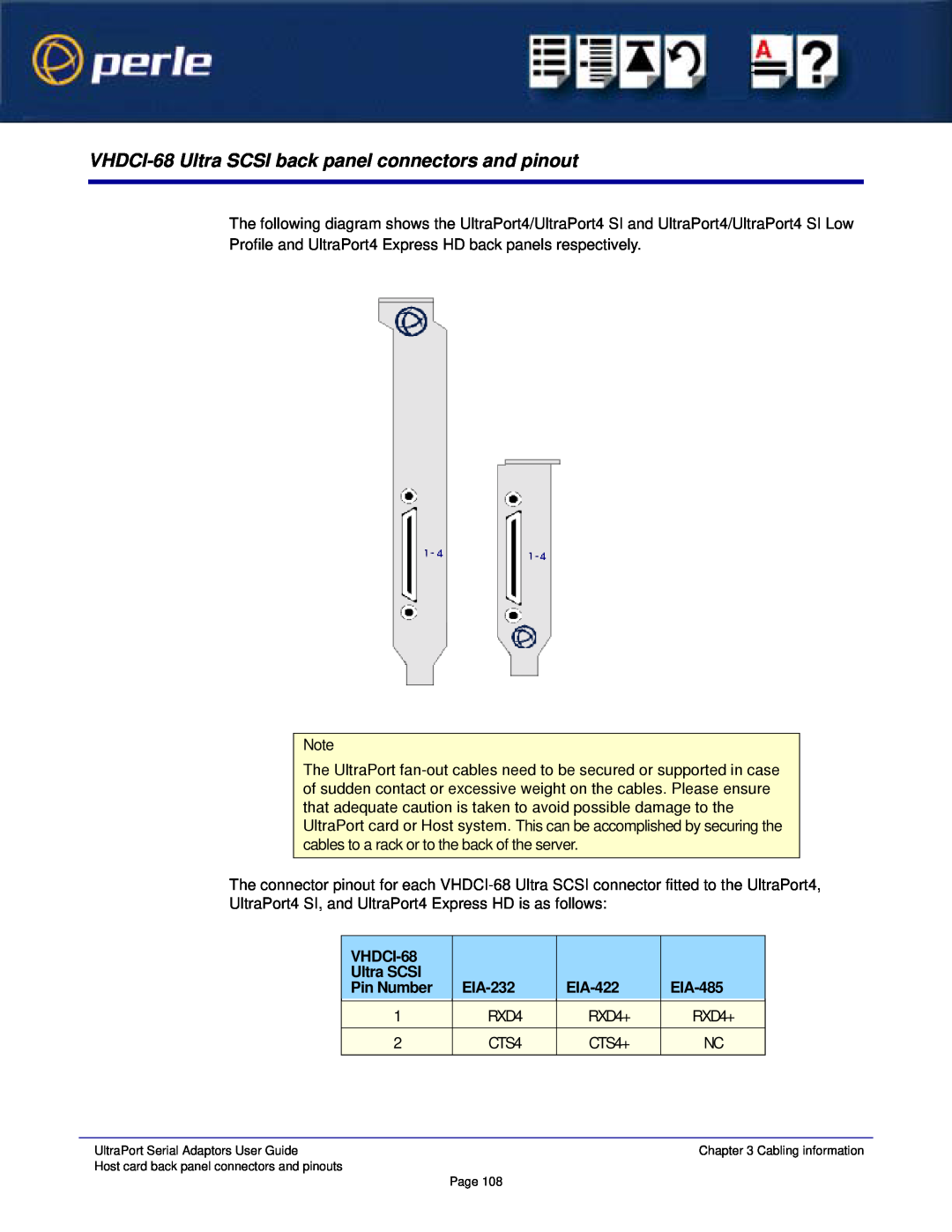 Perle Systems 5500152-23 manual VHDCI-68 Ultra SCSI back panel connectors and pinout, EIA-232, EIA-422, EIA-485, Pin Number 