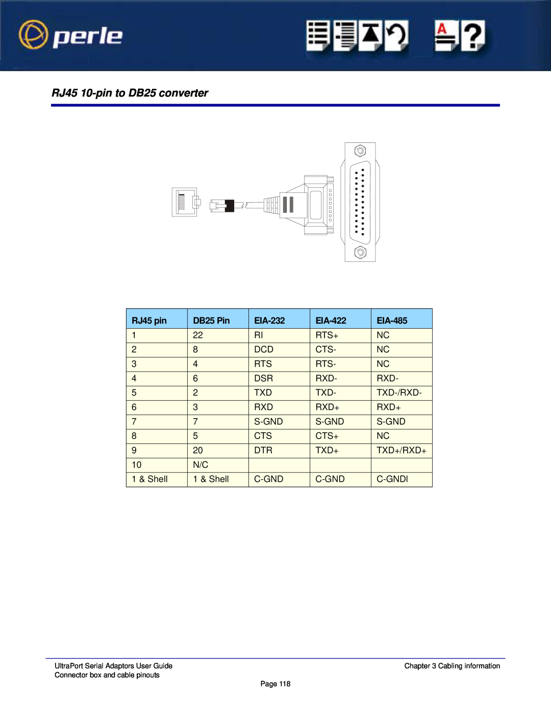 Perle Systems 5500152-23 manual RJ45 10-pin to DB25 converter, RJ45 pin, DB25 Pin, EIA-232, EIA-422, EIA-485 