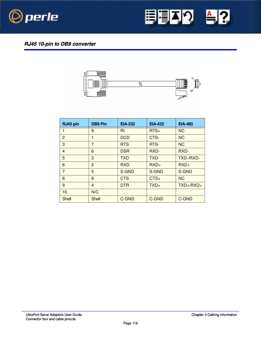 Perle Systems 5500152-23 manual RJ45 10-pin to DB9 converter, RJ45 pin, DB9 Pin, EIA-232, EIA-422, EIA-485 