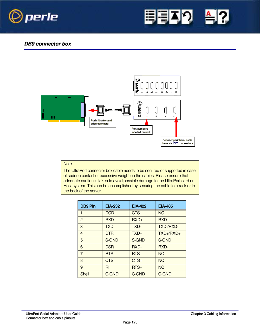 Perle Systems 5500152-23 manual DB9 connector box, DB9 Pin, EIA-232, EIA-422, EIA-485 