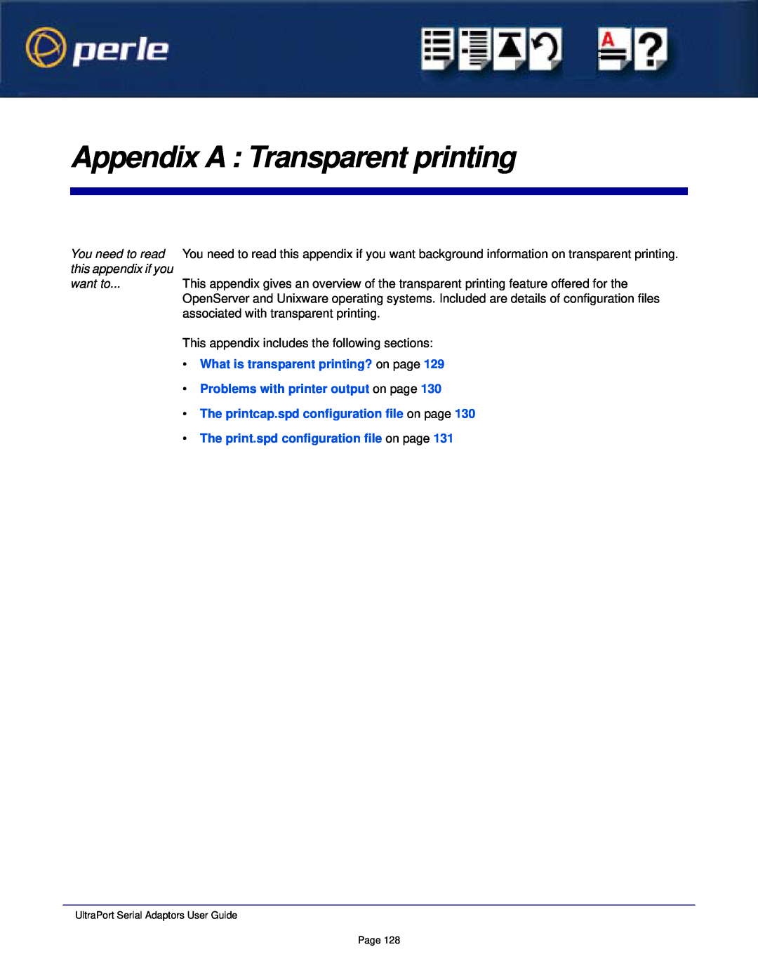 Perle Systems 5500152-23 manual Appendix A Transparent printing, You need to read this appendix if you want to 