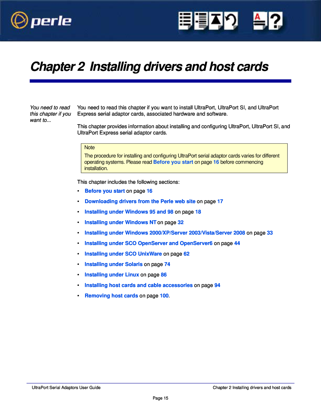 Perle Systems 5500152-23 manual Installing drivers and host cards, You need to read this chapter if you want to 