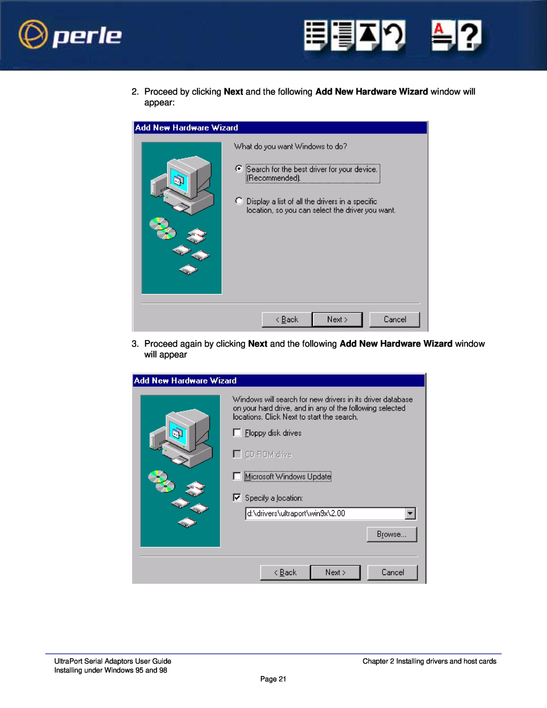Perle Systems 5500152-23 manual Proceed by clicking Next and the following Add New Hardware Wizard window will appear 