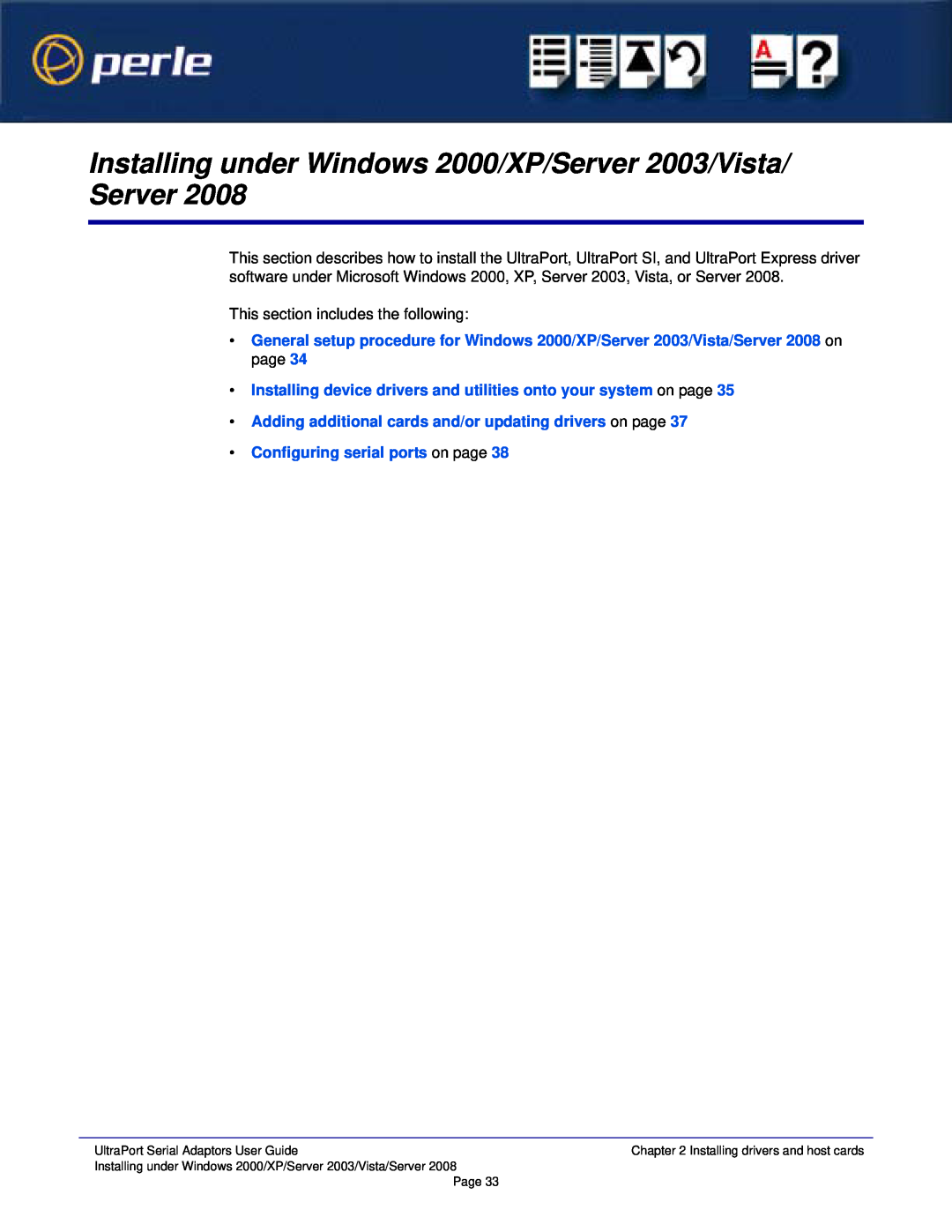 Perle Systems 5500152-23 Installing under Windows 2000/XP/Server 2003/Vista/ Server, Configuring serial ports on page 