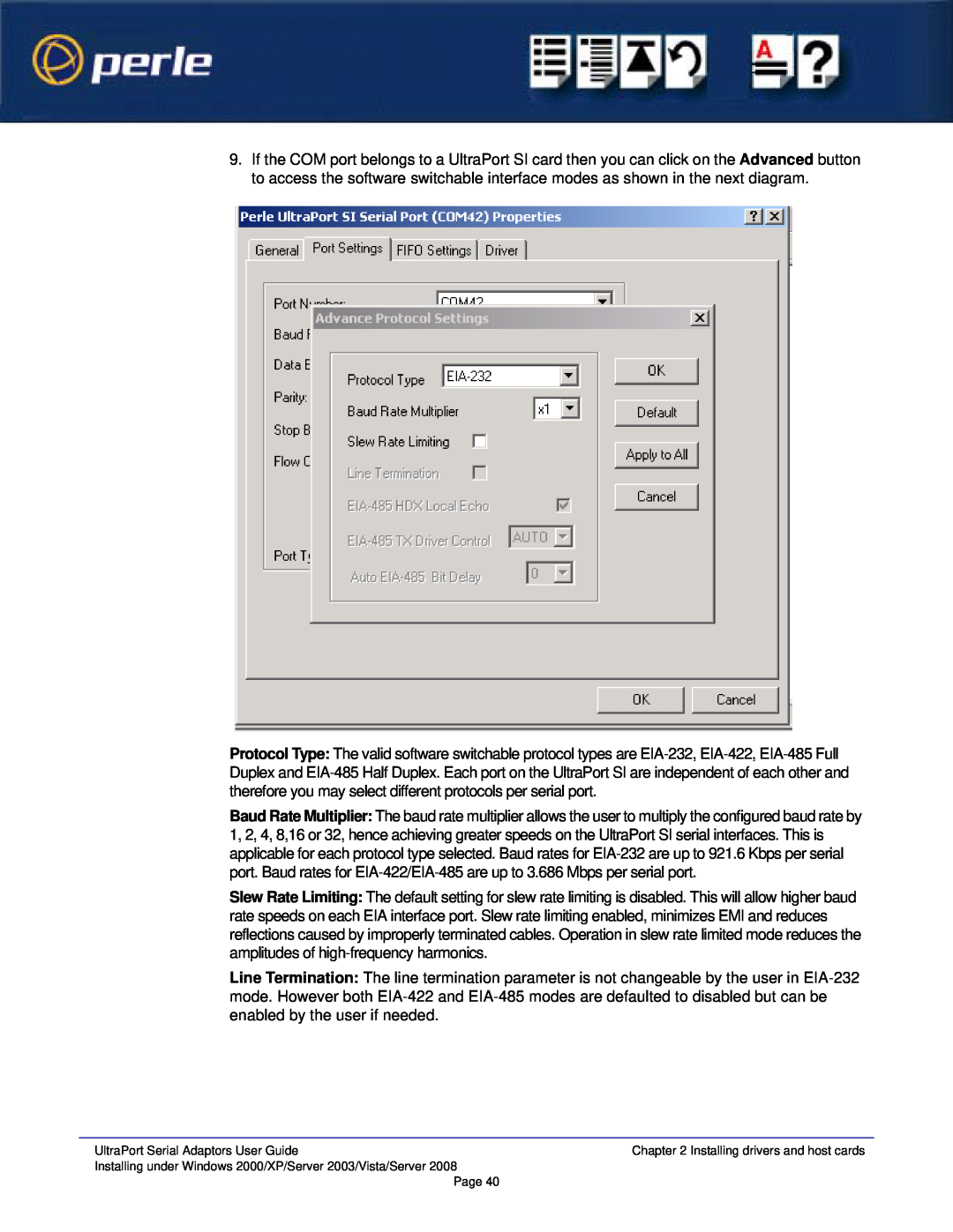Perle Systems 5500152-23 UltraPort Serial Adaptors User Guide, Installing under Windows 2000/XP/Server 2003/Vista/Server 