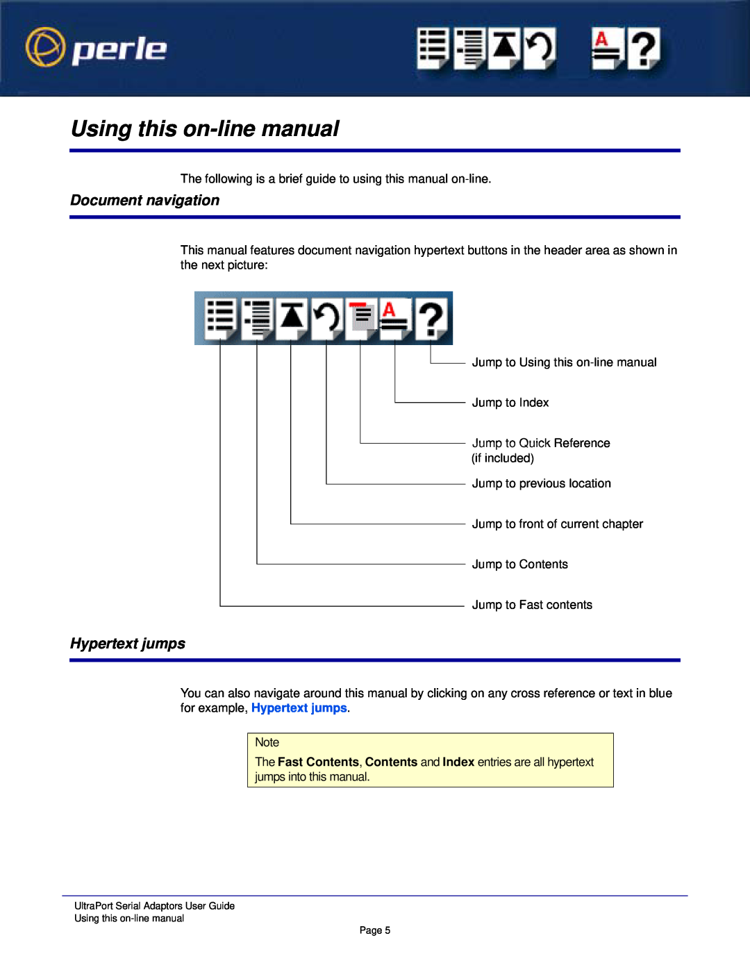 Perle Systems 5500152-23 Using this on-line manual, Document navigation, Hypertext jumps 