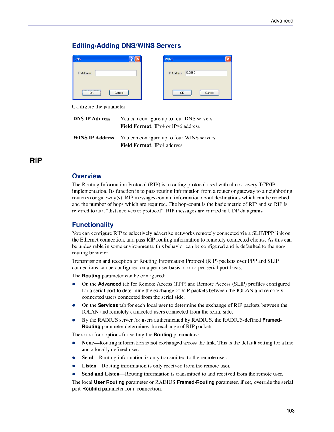 Perle Systems 5500161-40 manual Rip, Editing/Adding DNS/WINS Servers 