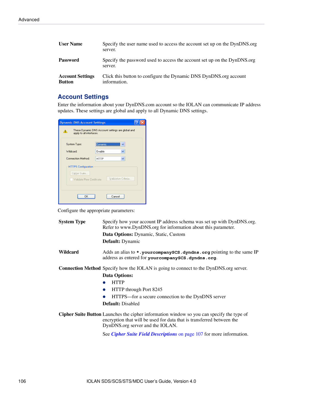 Perle Systems 5500161-40 manual Account Settings, User Name, System Type, Default Dynamic, Wildcard 