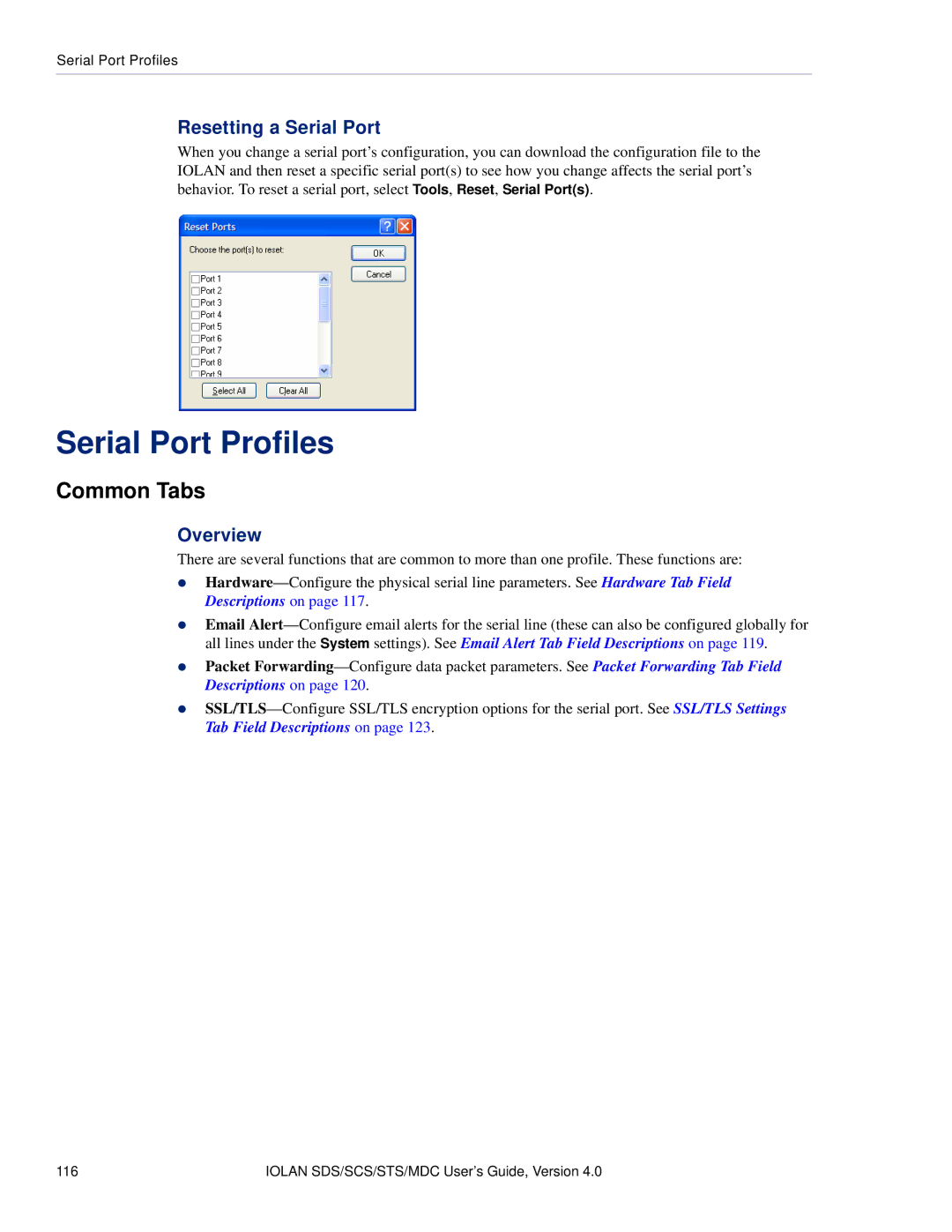 Perle Systems 5500161-40 manual Serial Port Profiles, Common Tabs, Resetting a Serial Port 