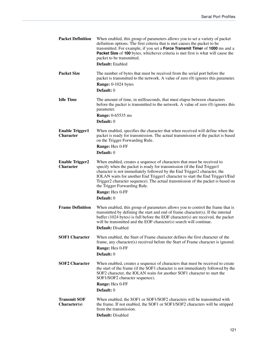 Perle Systems 5500161-40 manual Packet Definition, Packet Size, Idle Time, Enable Trigger1, Character, Enable Trigger2 