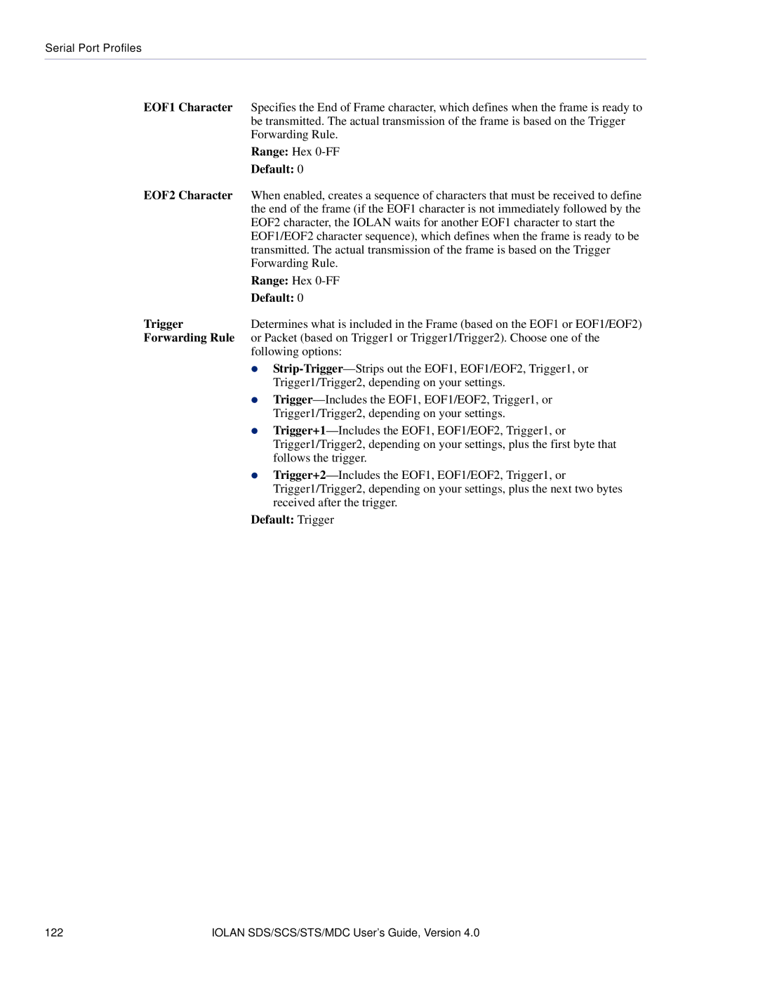 Perle Systems 5500161-40 manual EOF1 Character, EOF2 Character, Forwarding Rule, Default Trigger 