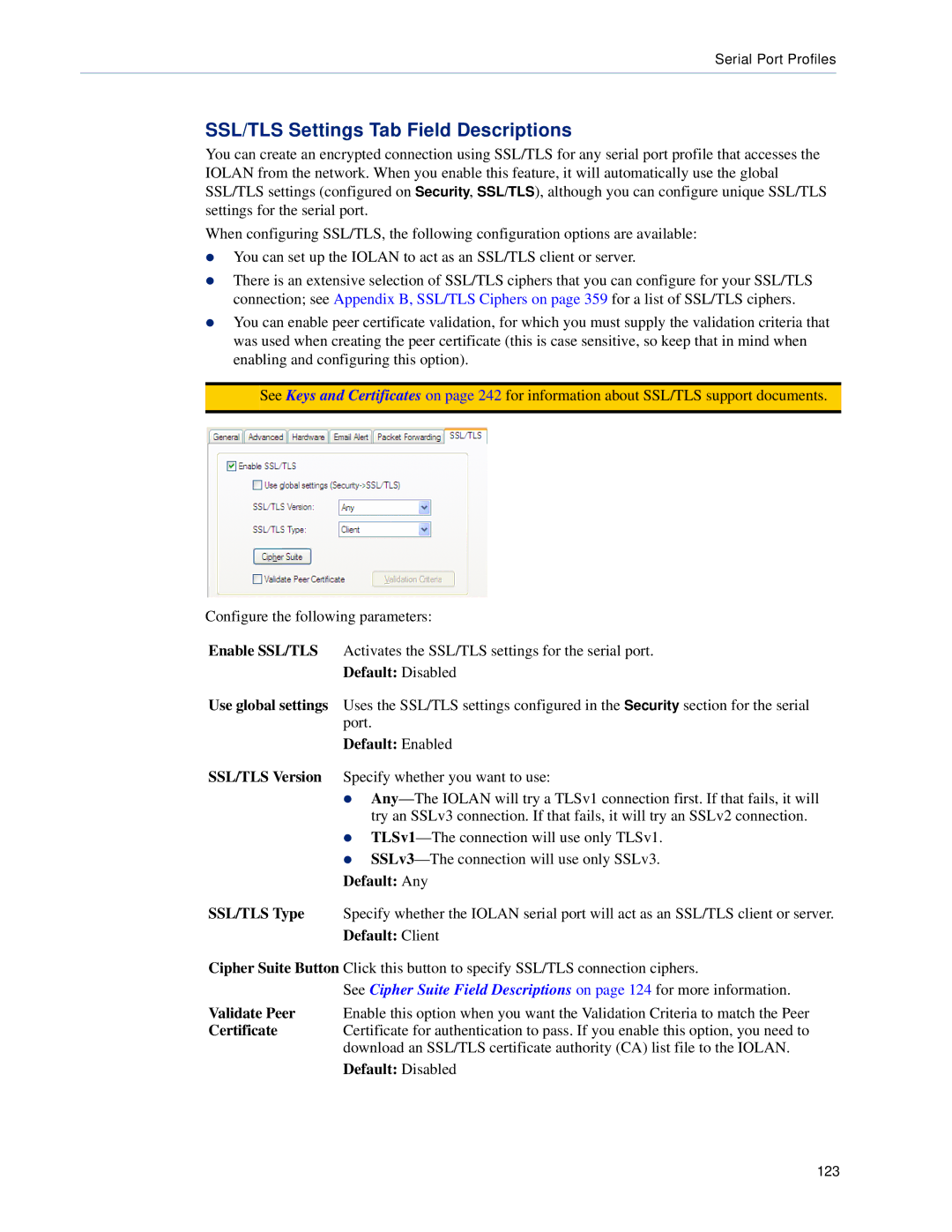 Perle Systems 5500161-40 manual SSL/TLS Settings Tab Field Descriptions, Default Client 