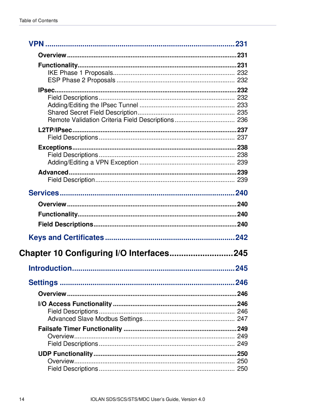 Perle Systems 5500161-40 manual 231, Services 240, Keys and Certificates 242, Introduction 245 Settings 246 