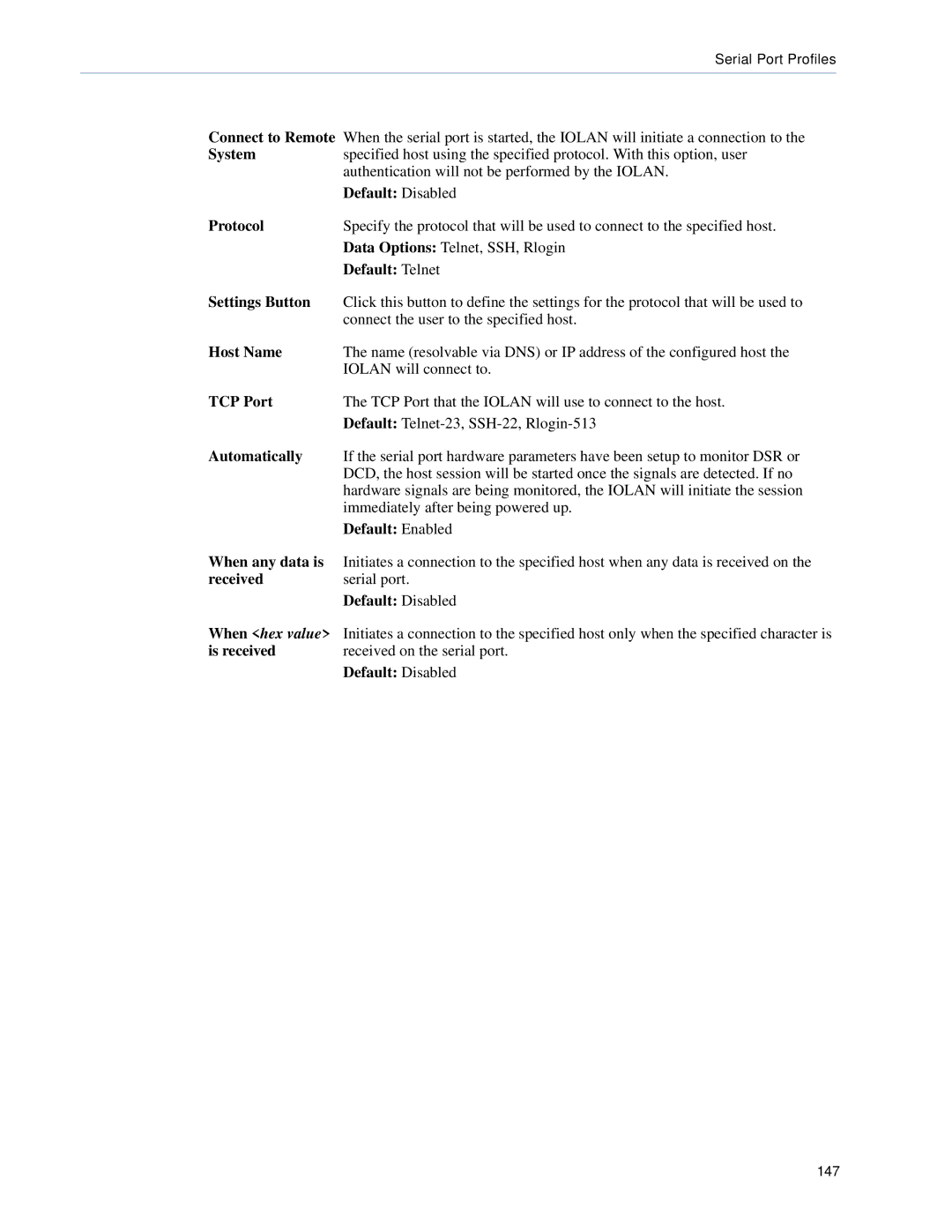 Perle Systems 5500161-40 manual Default Disabled Protocol, Is received 