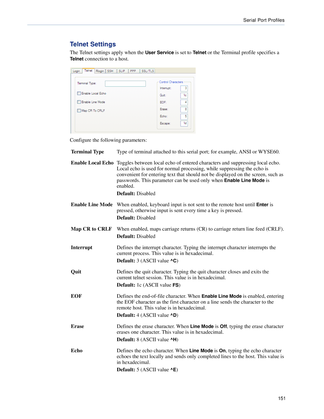 Perle Systems 5500161-40 manual Telnet Settings, Interrupt, Quit, Erase, Echo 