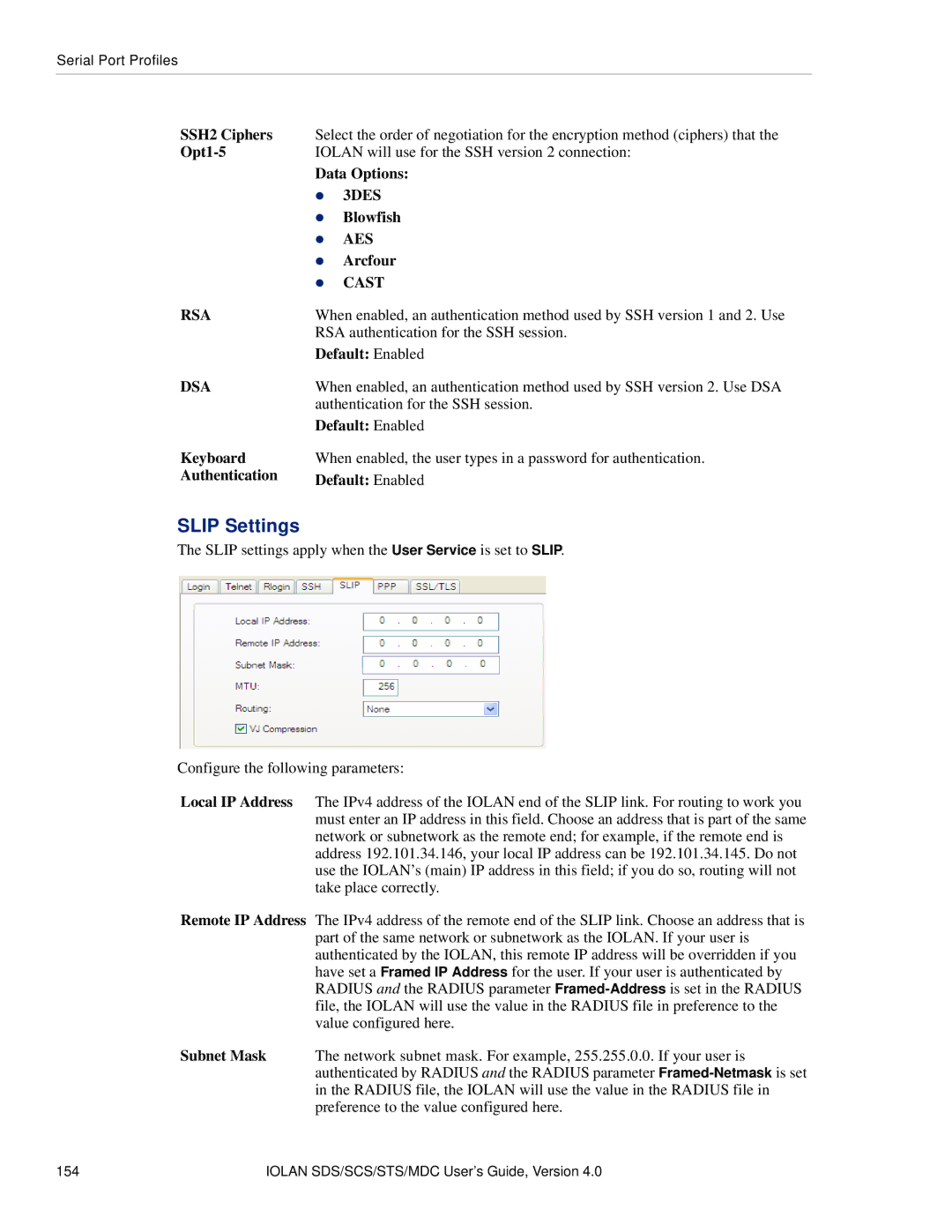 Perle Systems 5500161-40 manual Slip Settings, Arcfour, RSA authentication for the SSH session 