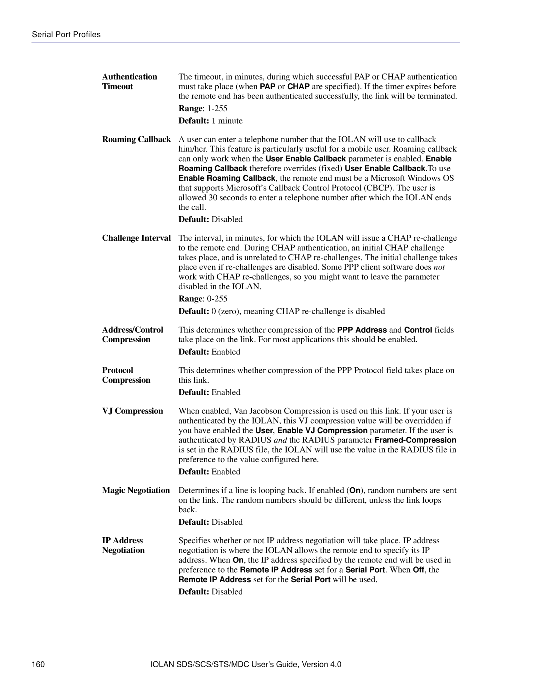 Perle Systems 5500161-40 manual Default 1 minute, Roaming Callback, Challenge Interval, Address/Control, Magic Negotiation 